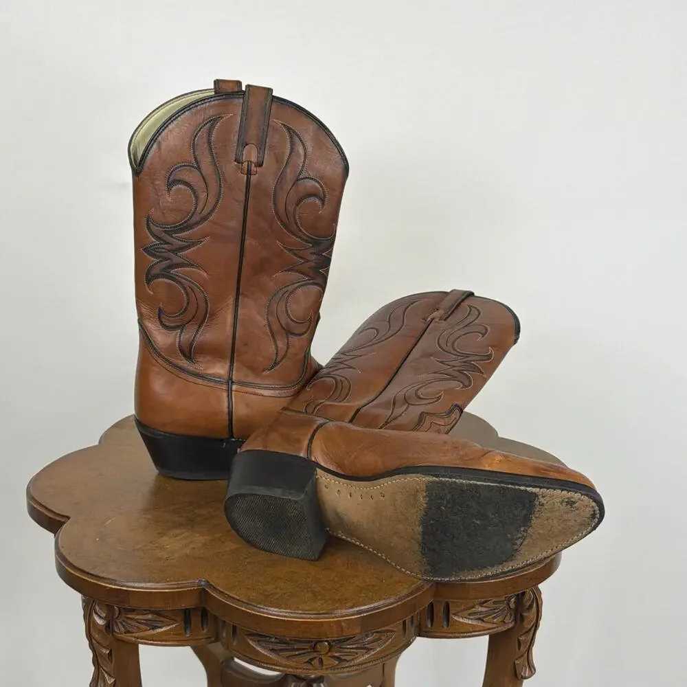 Vintage 80s Acme Brown Western Cowboy Boots Men 10E Black Stitching